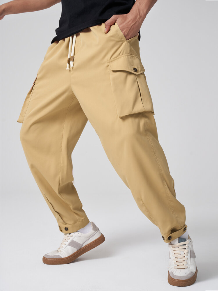 Mens Solid Color Button Cuff Loose Drawstring Cargo Pants
