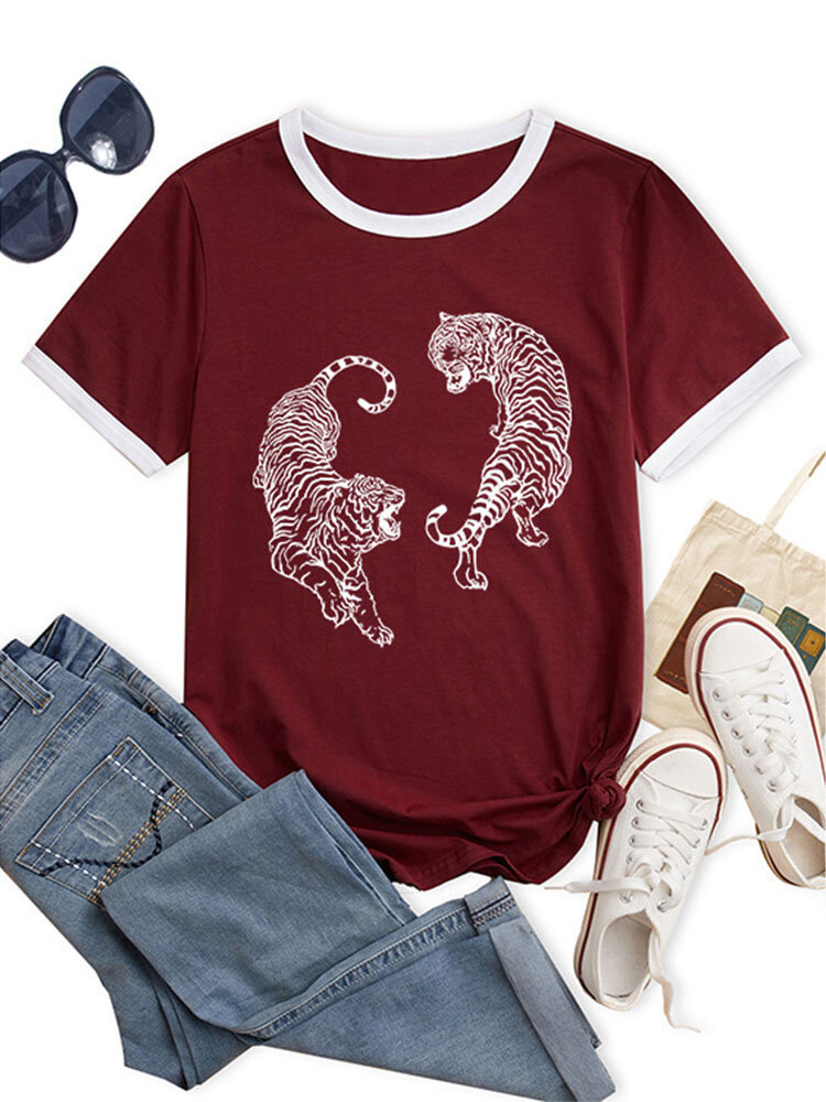 Kurzärmliges Rundhals-T-Shirt mit Tiger-Grafik in Kontrastfarbe