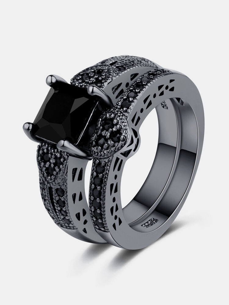 2 Pcs/set Classic Black Zirconia Engagement Wedding Ring for Women Punk Gun Black Heart Rings