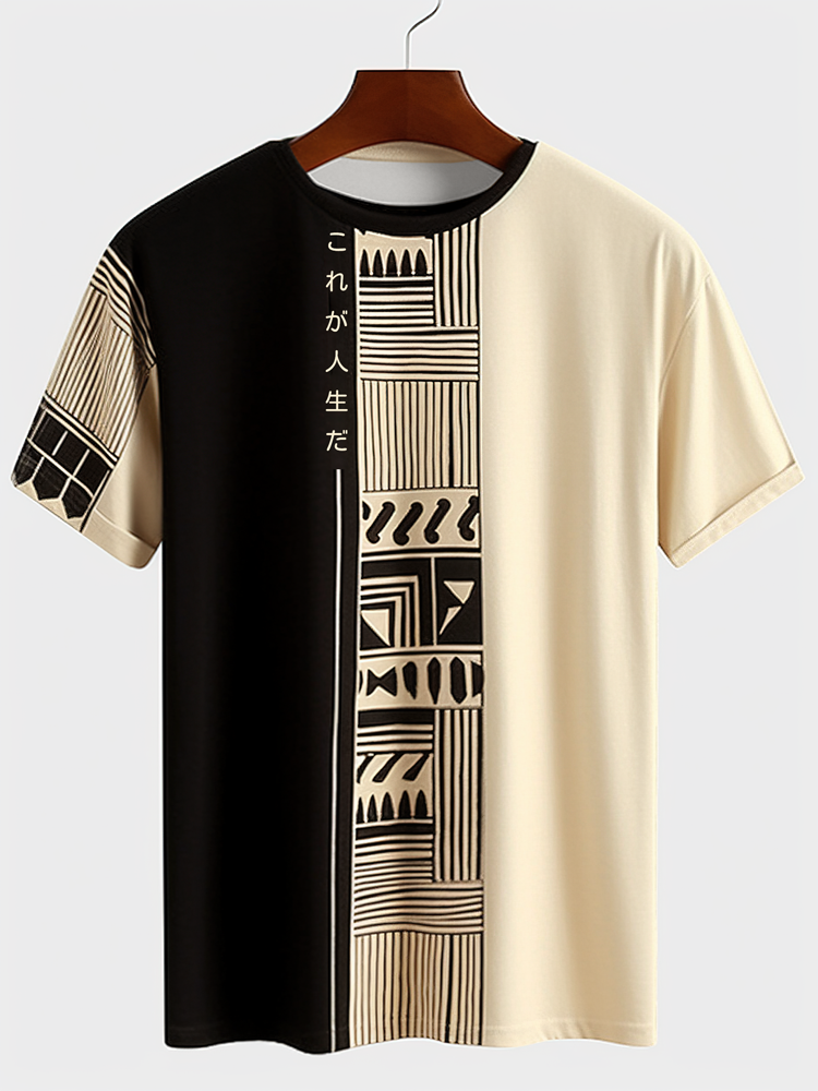 Mens Ethnic Geometric Japanese Print Patchwork Short Sleeve T-Shirts