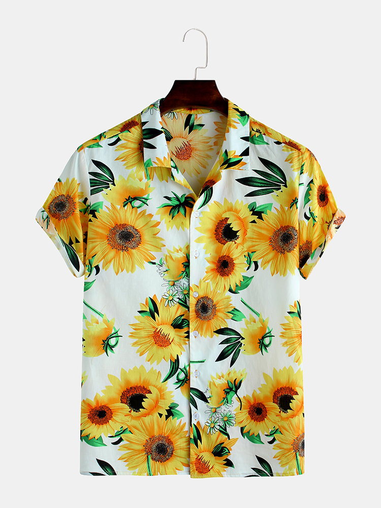 Mens Sunflower Printing Breathable Casual Turn Down Collar Short Sleeve Shirts