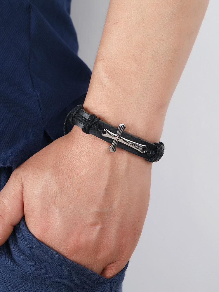 Vintage Lettering Cross Decoration Geometric-shaped Hand-woven First-layer Cowhide Alloy Bracelet