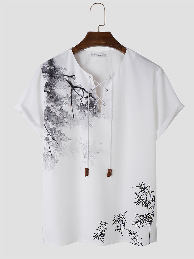 Mens Chinese Bamboo Print Lace Up Texture High Low Hem T-Shirts