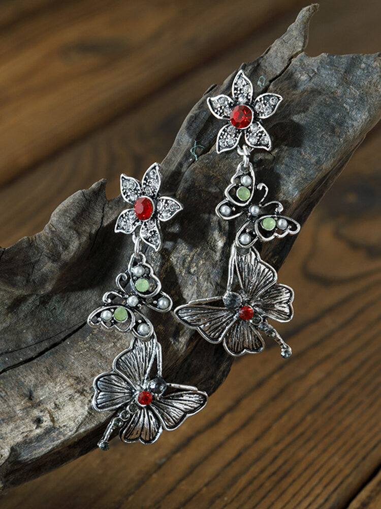 Alloy Vintage Diamond Flower Long Tassel Butterfly Pearl Earrings