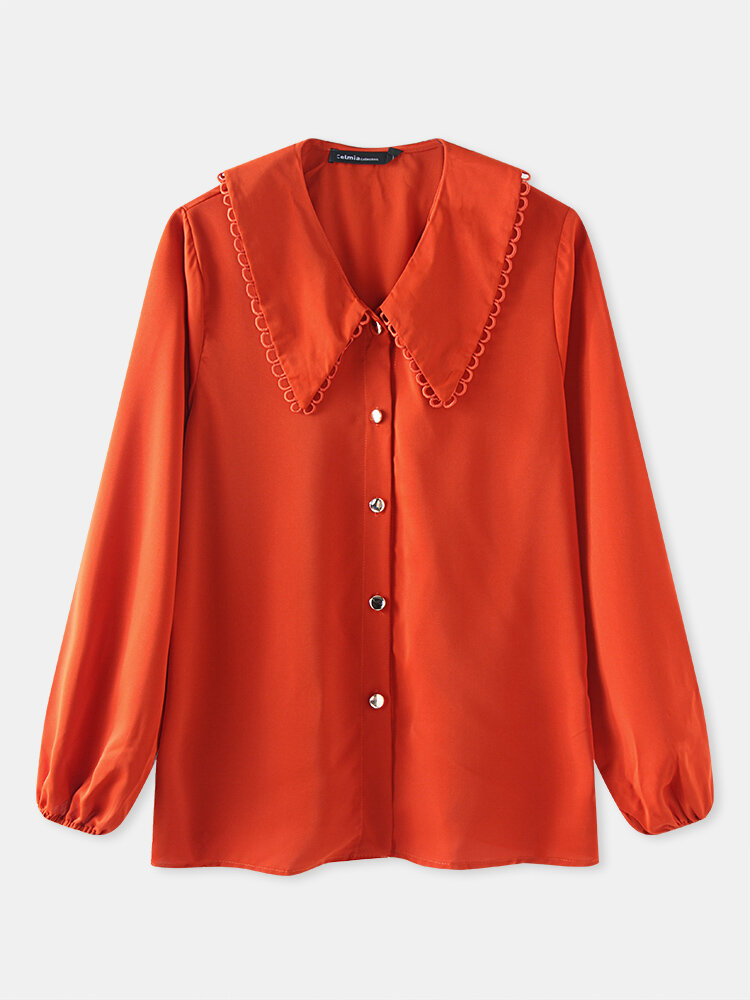 Solid Color Lapel Long Sleeve Button Casual Blouse For Women
