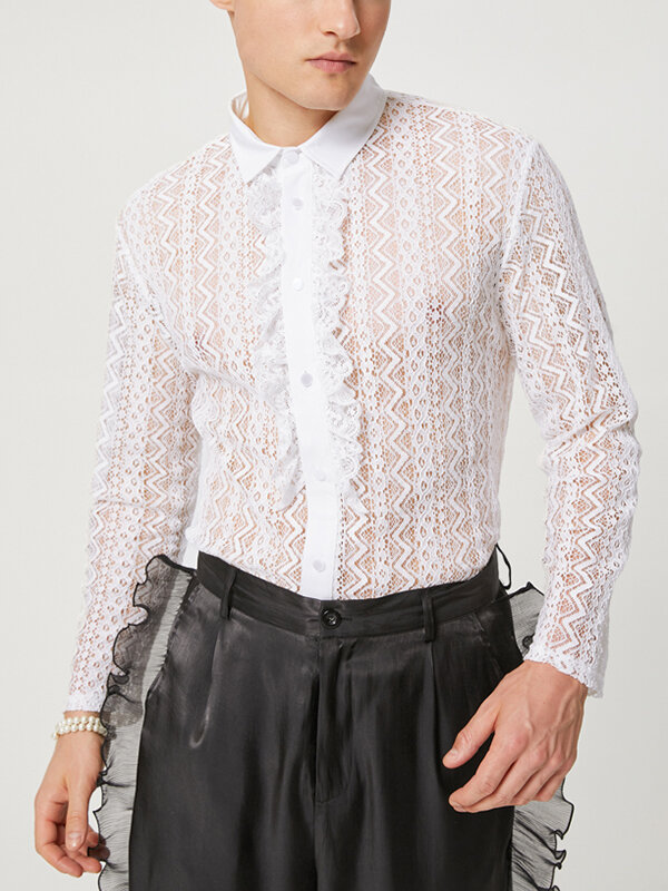 Mens See-Through Lace Crochet Ruffle Front Shirt