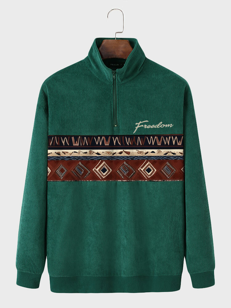 Mens Ethnic Geometric Letter Embroidered Half Zip Corduroy Pullover Sweatshirts Winter