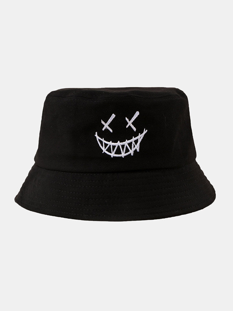 Unisex Cotton Solid Color Funny Face Embroidery All-match Sunscreen Bucket Hat