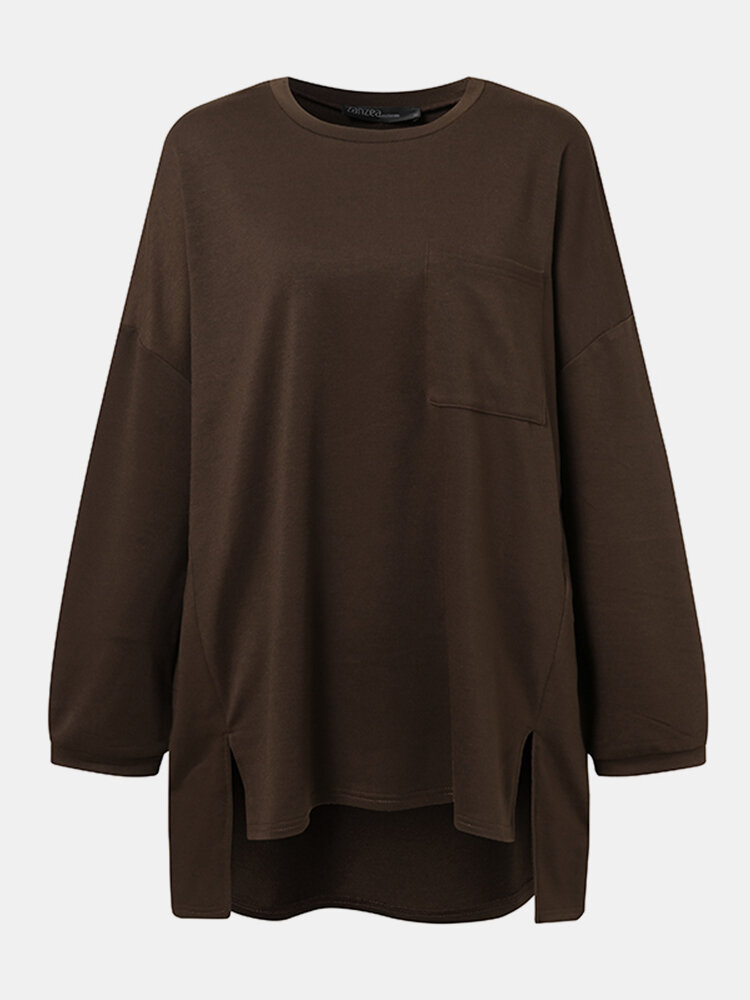 Solid Color Slit Hem Pocket Long Sleeve Loose Casual Sweatshirt for Women