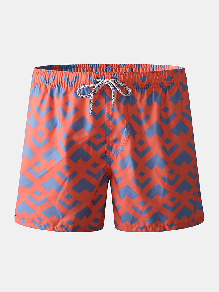 Men Geometric Mesh Liner Board Shorts Orange Beach Shorts With Pockets
