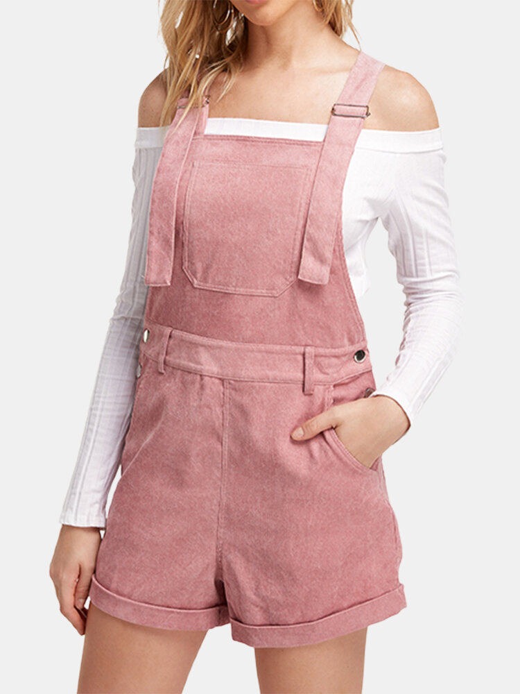 Solid Color Pocket Sleeveless Casual Overall Romper for Women