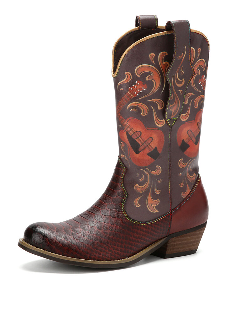 Socofy Casual Retro Guitar Print Leather Patchwork Soft Comfortable Slip-On Chunky Heel Cowboy Boots