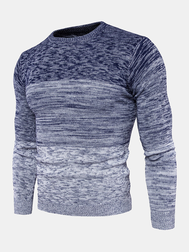 Mens Ombre Crew Neck Casual Regular Fit Long Sleeve Pullover Sweater