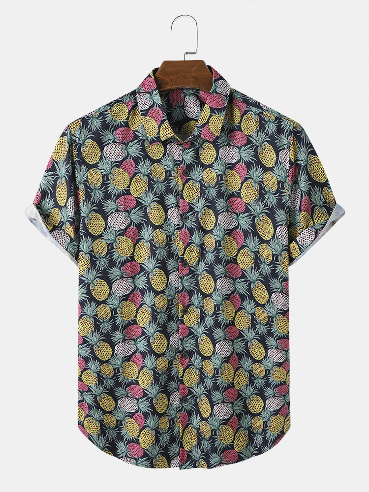 Men Funny Pineapple Print Street Button Curved Hem Holiday Shirts