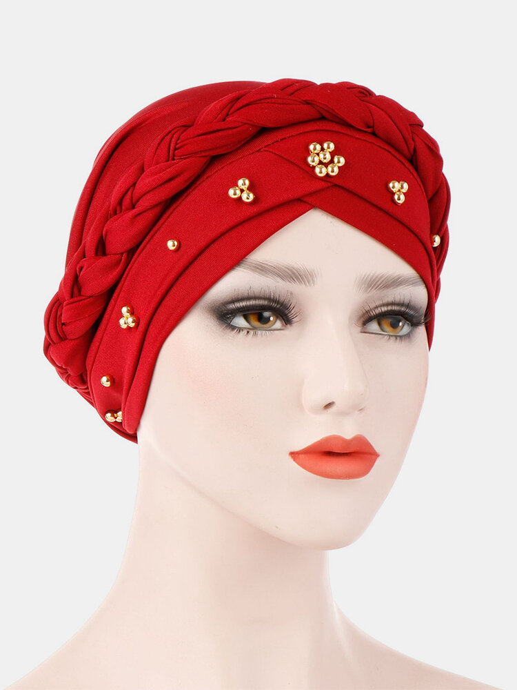 Women Cotton Multi Color Solid Casual Sunshade Rivet Decor Side Braid Baotou Hats Beanie Hats