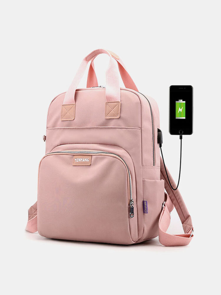 Women Casual USB Charging Multifunction Solid School Bag Backpack
