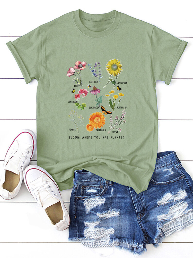 

Calico Floral Print O-neck Casual Short Sleeve T-Shirt For Women, Gray;yellow;army green;wine red;blue;fluorescent green;orange pink;light grey;mint green;pink;white