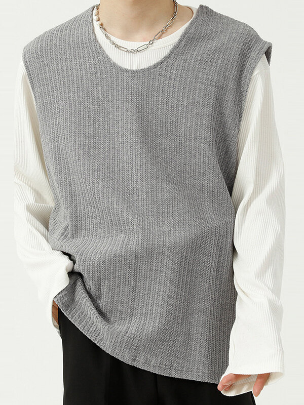 

Mens Loose Round Neck Sleeveless Sweater Vest, Black;khaki;gray