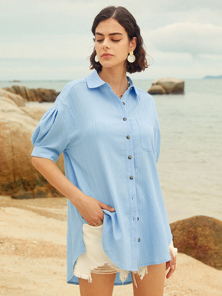 Solid Loose Pocket High-low Half Sleeve Button Down Shirt