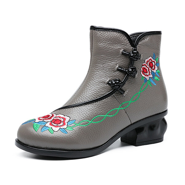 Embroidered Folkways Mid Heel Leather Frog Buttons Boots