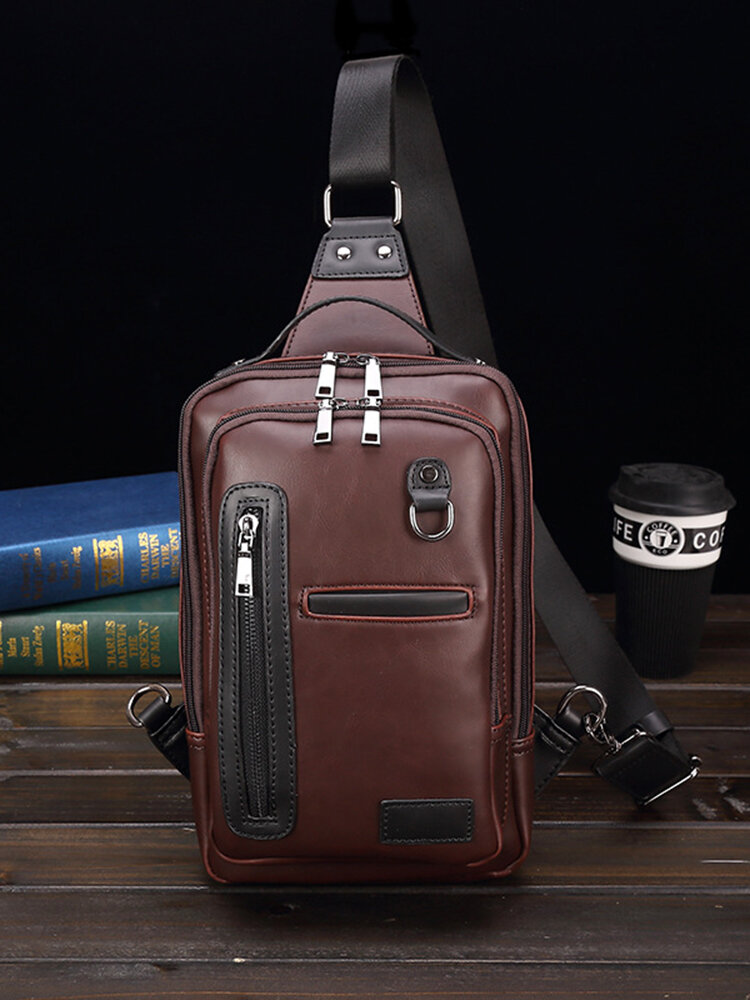 Menico Men PU Leather Retro Water Resistant Chest Bag Large Capacity Zipper Adjusted Strap Durable Cross Body Bag