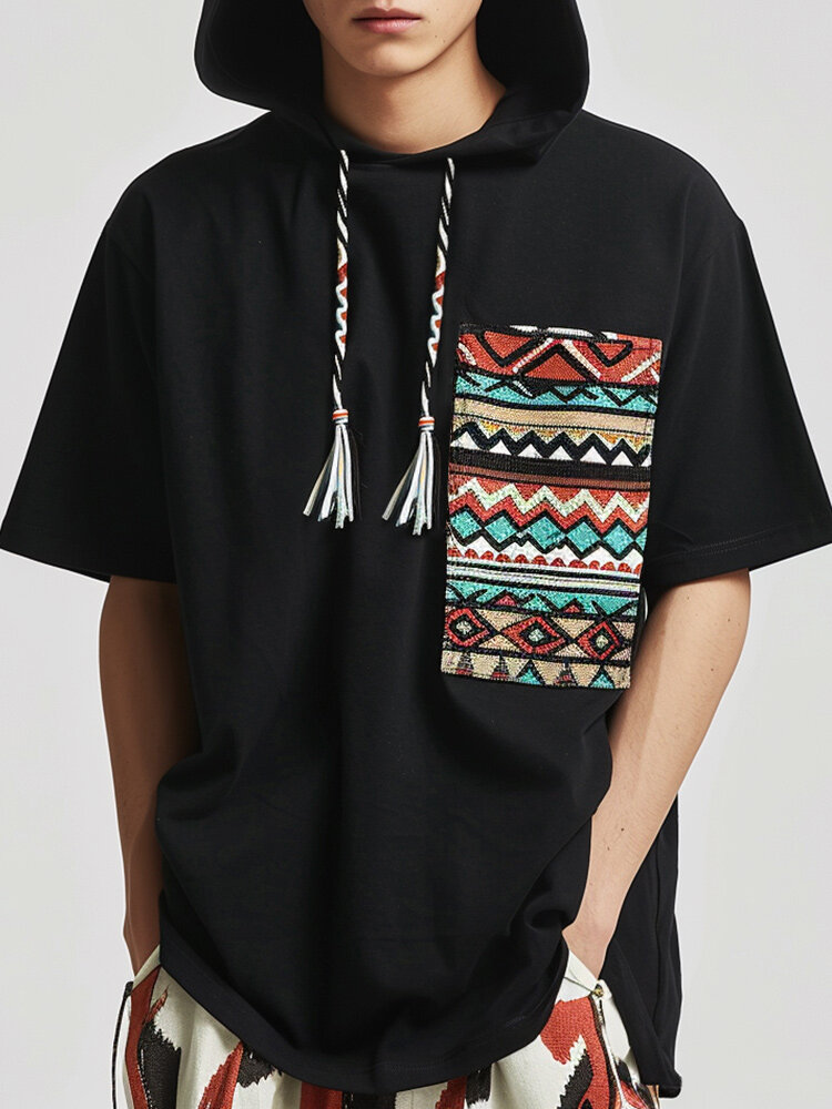 Mens Patchwork Ethnic Pattern Hooded Short Sleeve T-Shirts