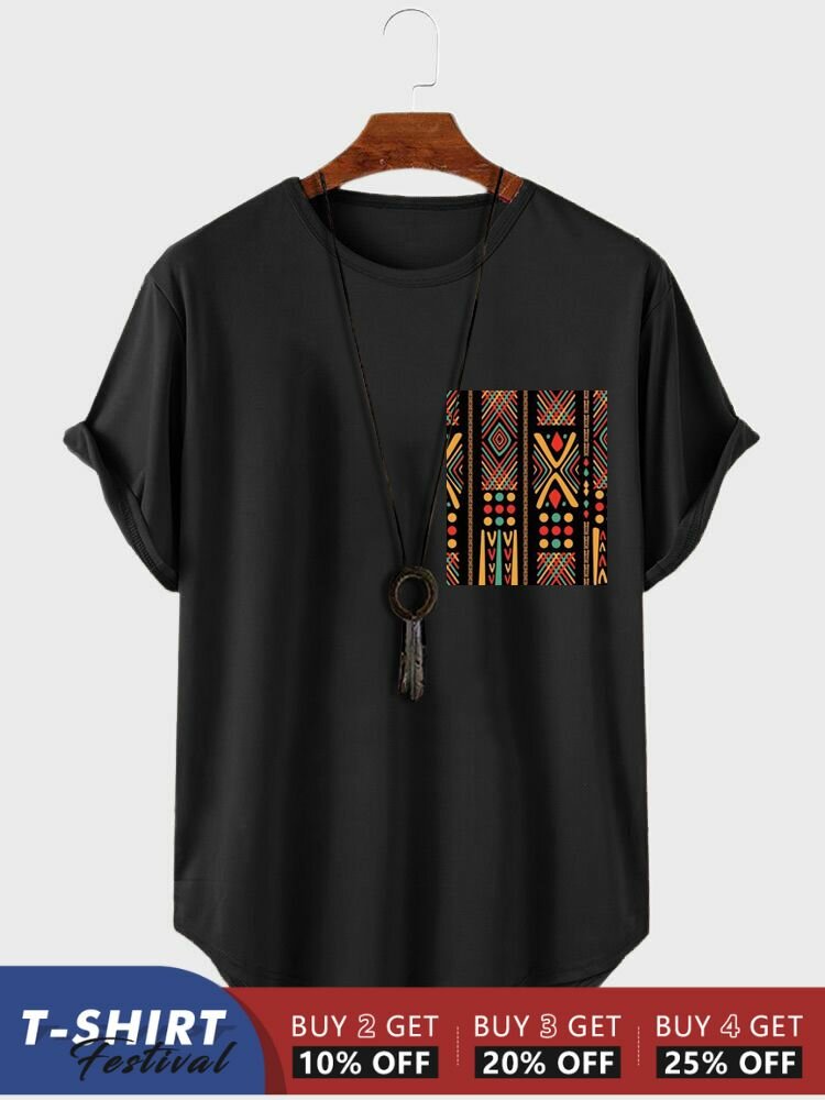 Uomo Colorful T-shirt a maniche corte con stampa geometrica etnica con orlo curvo
