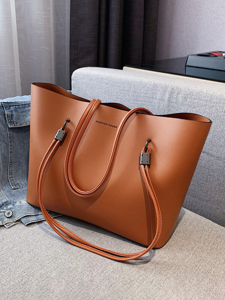 Women Artificial Leather Vintage Large Capacity Tote Bag Soft Brief Working Casual Handbag