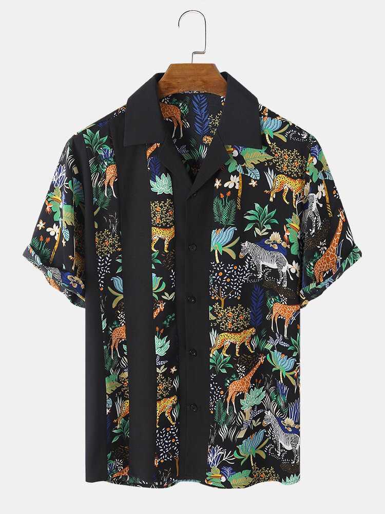 Mens Tropical Animal Plant Print Revere Collar Holiday Short Sleeve Shirts
