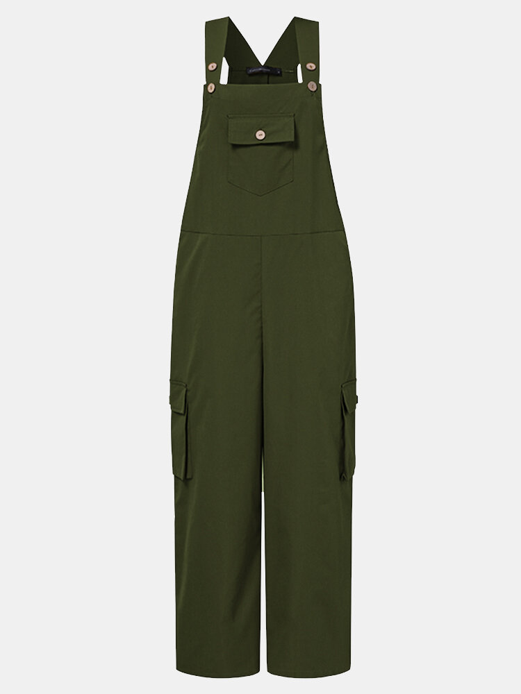 Solid Color Pocket Loose Straps Button Casual Jumpsuit For Women