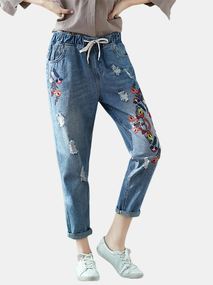 Calça Jeans Vintage Bordada Rasgada Feminina