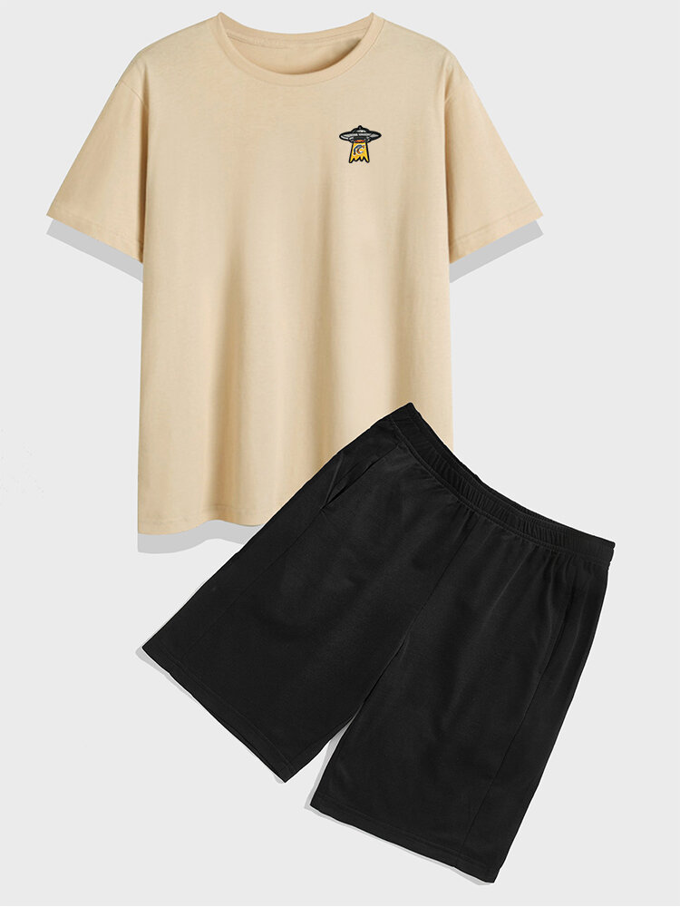 

Mens 100% Cotton UFO Applique Graphics T-Shirt & Pocket Shorts Casual Co-ords, Khaki