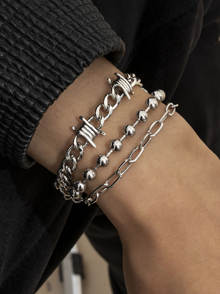 3 Pcs Casual Alloy Combination Braided and Beaded Multilayer Metal Bracelets