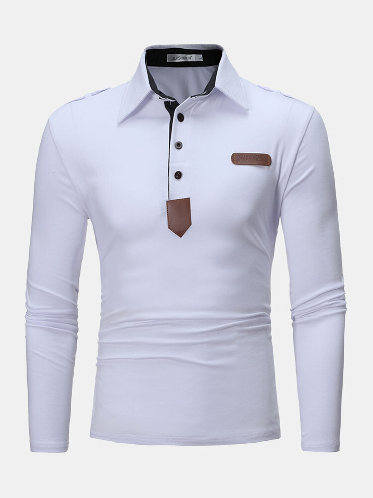 Mens Faux Leather Detail Epaulets Cotton Casual Long Sleeve Golf Shirts