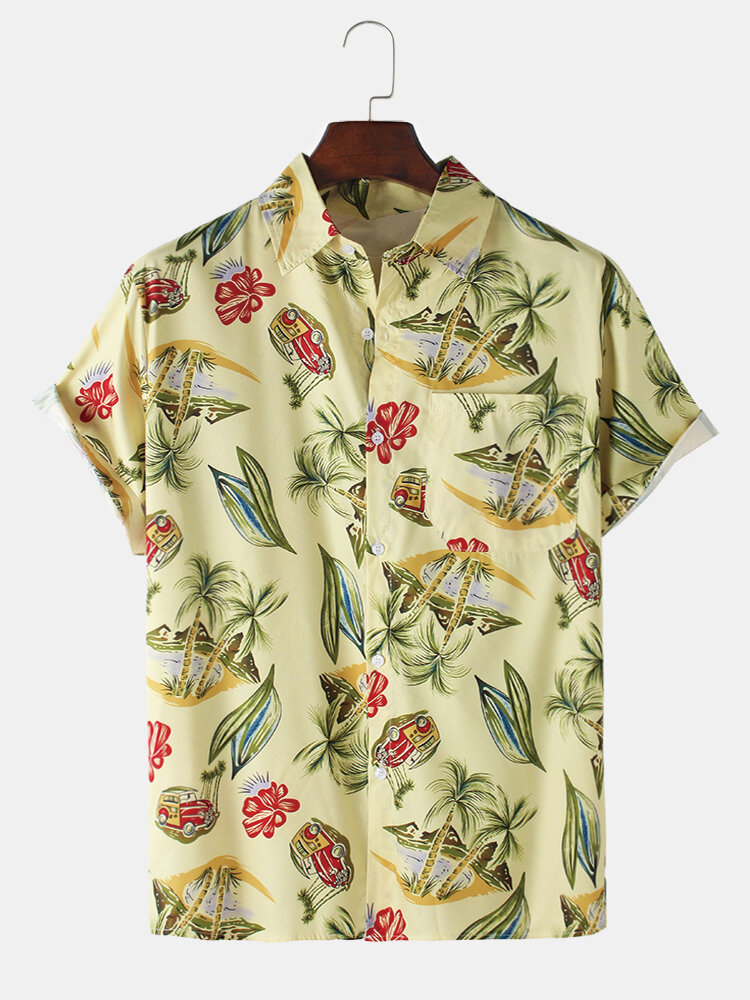 

Mens Tropical Plant Leaf Printed Light Casual Short Sleeve Shirts Wtih Pocket, Black