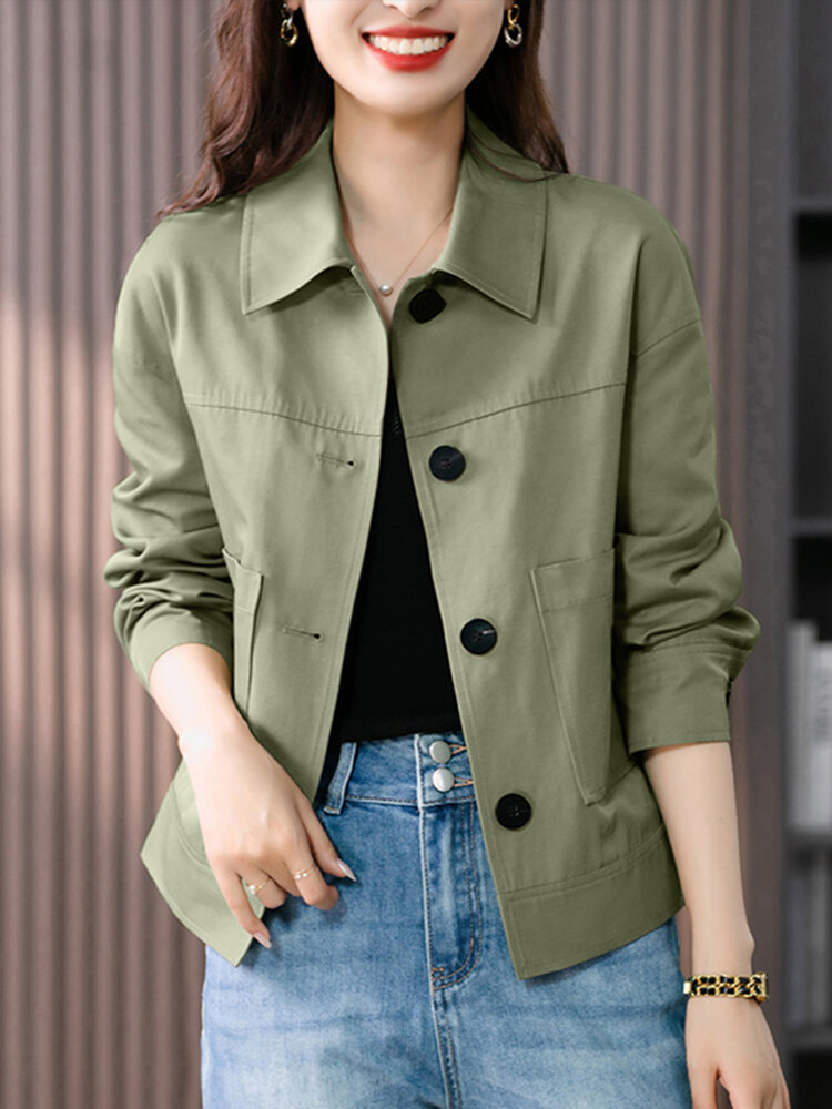 Women Solid Lapel Double Pocket Button Front Casual Jacket