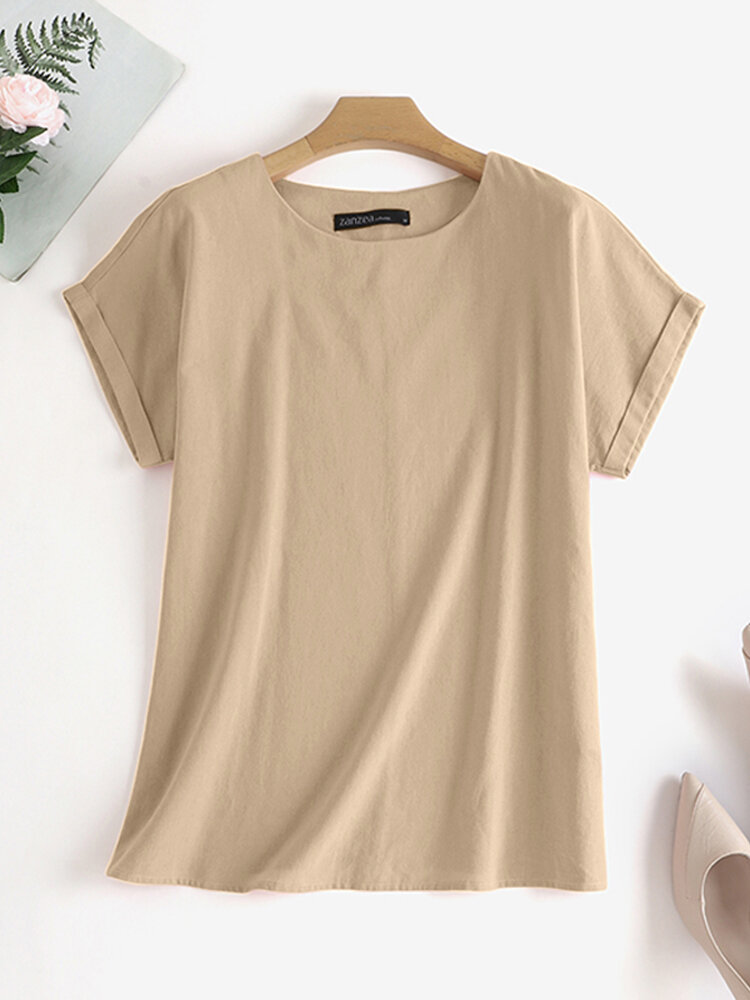 Solid Short Sleeve Casual Women Crew Neck Blouse
