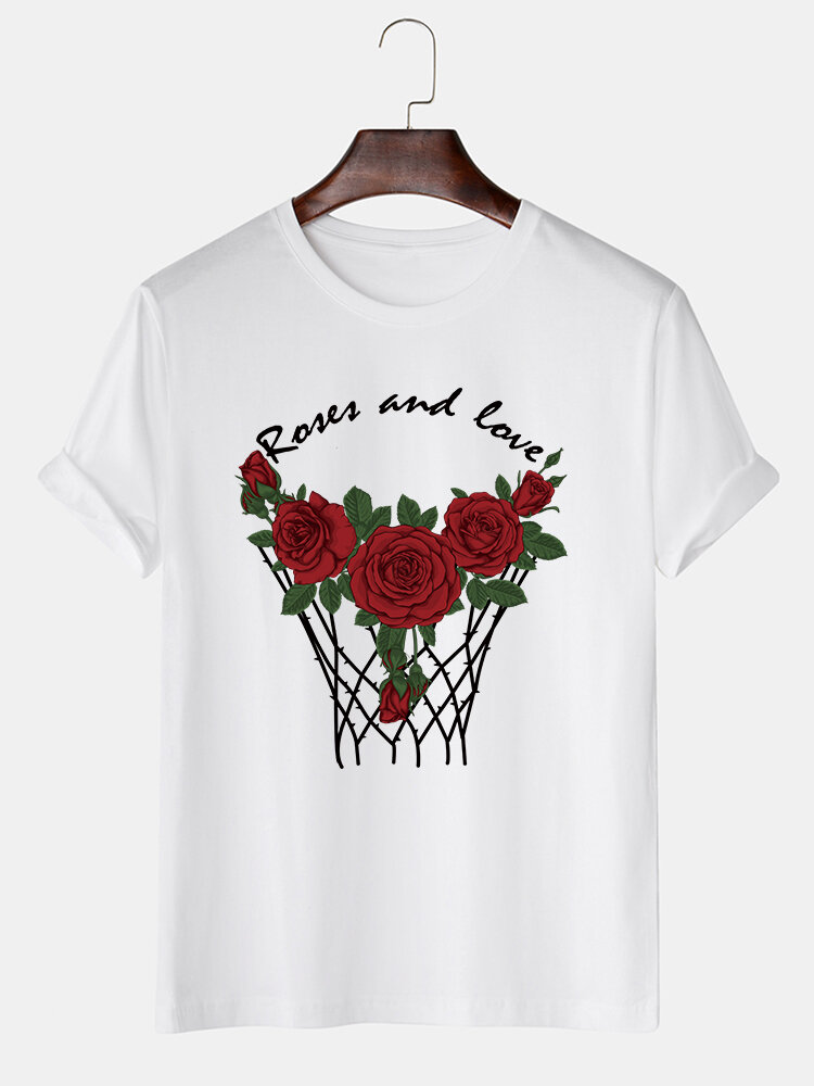 Mens Cotton Slogan Rose Print Crew Neck Casual Short Sleeve T-Shirts