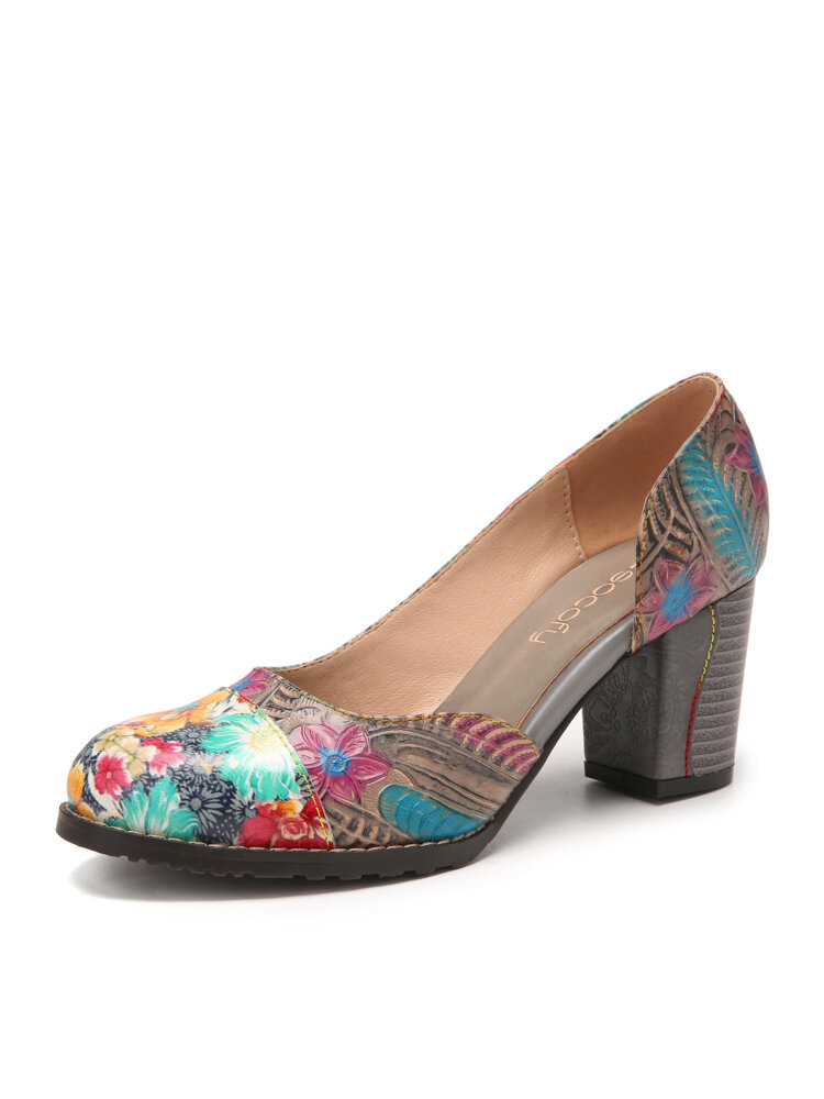 

SOCOFY Calico Printed Cowhide Leather Side Cut Casual Wearable Chunky Heel Comfy Slip On Pumps, Gray