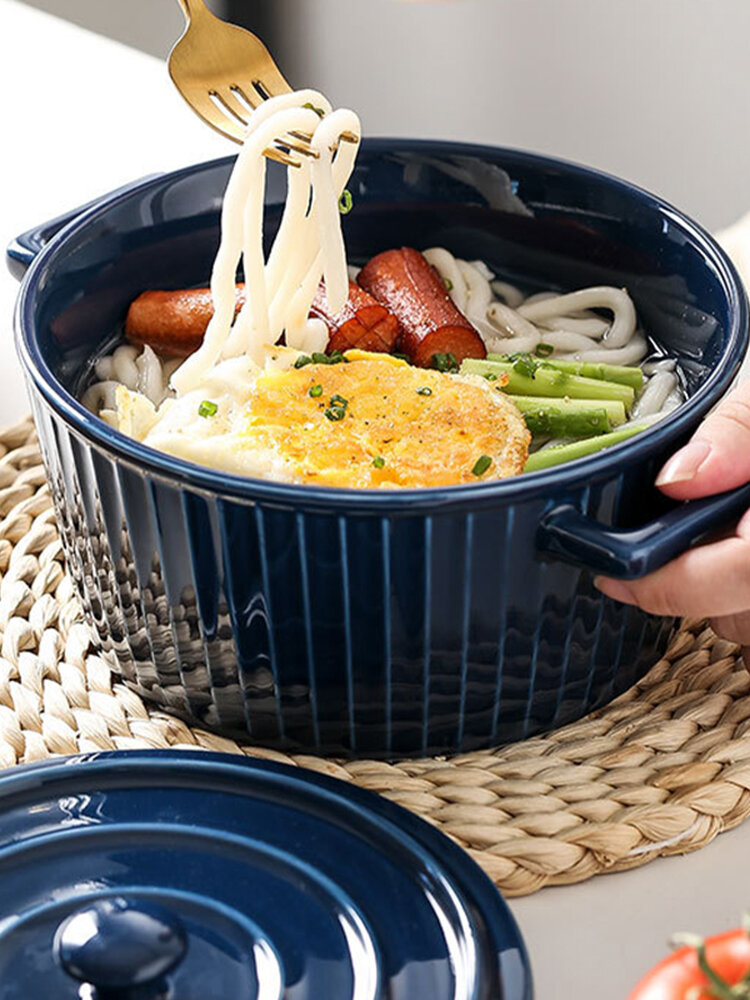 Ceramic Double Ear Bowl Salad Bowl Anti-scalding Instant Noodle Bowl Household