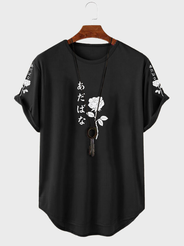 

Mens Japanese Roses Print Curved Hem Short Sleeve Shirts, Black