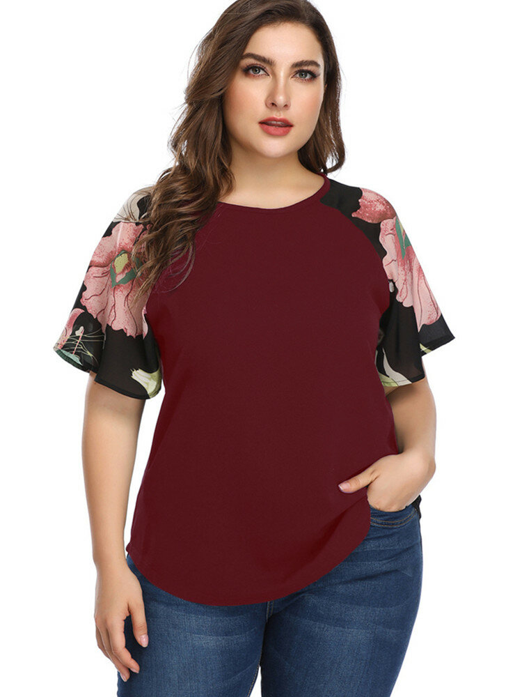 Casual Flowers Raglan Short Sleeve Plus Size Print T-shirt for Women