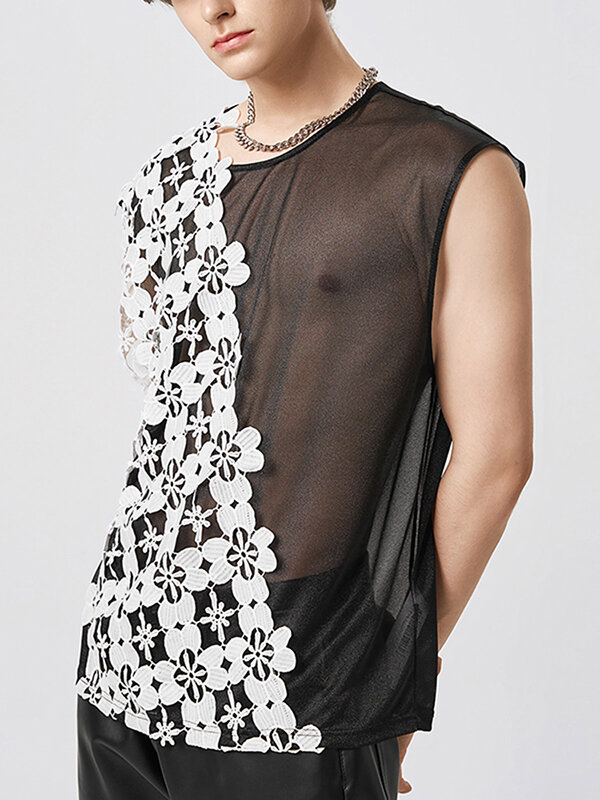 Mens Floral Lace Splice Mesh See Through Sleeveless Tank