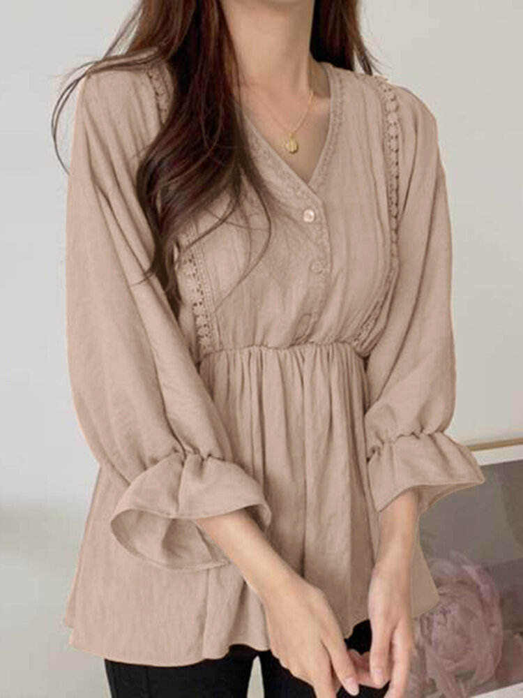 Lace Trim Puff Sleeve Ruffle V-neck Solid Blouse