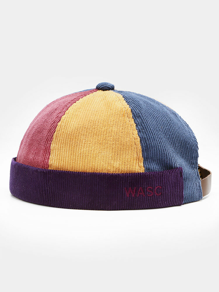 Unisex Corduroy Color Contrast Patchwork Letter Embroidery Fashion Brimless Beanie Landlord Cap Skull Cap