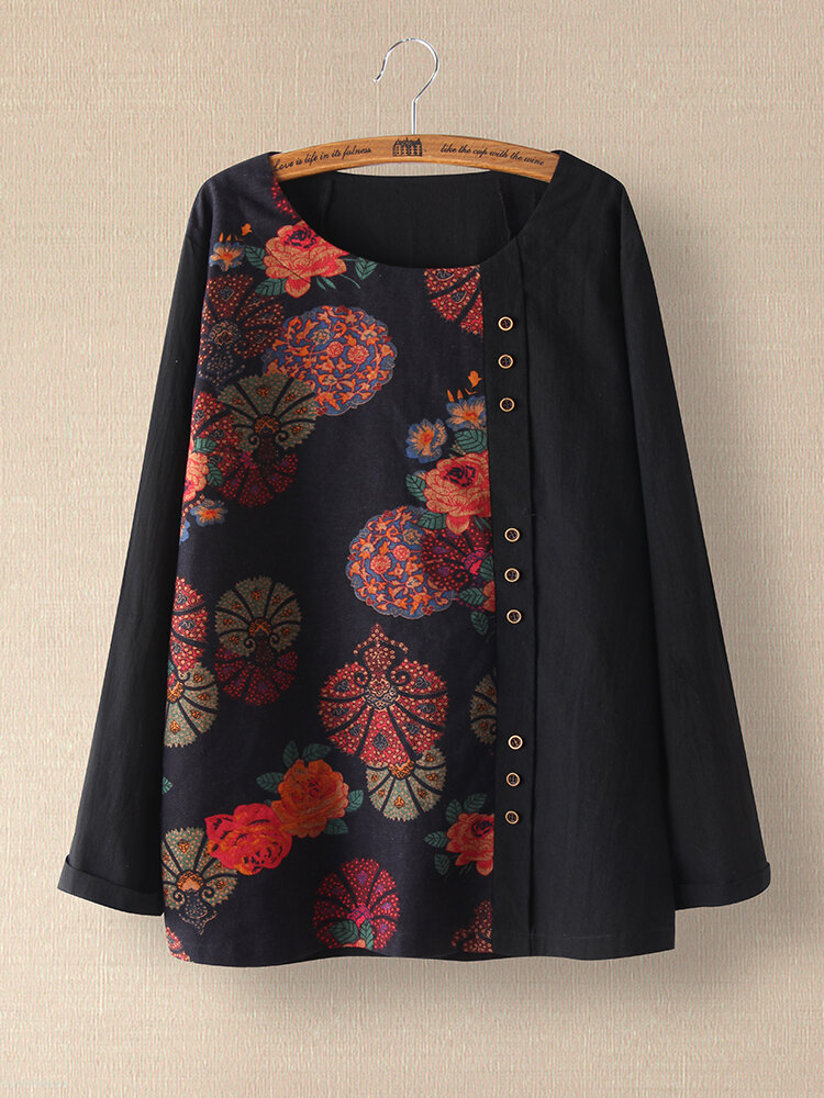 Floral Printed Patchwork Button Long Sleeve Blouse For Women