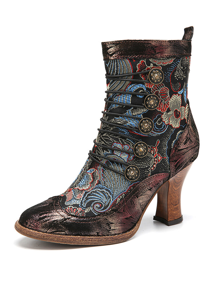 

SOCOFY Breasted Decor Elegant Flowers Sheepskin Leather Side Zipper Chunky Heel Short Boots, Black
