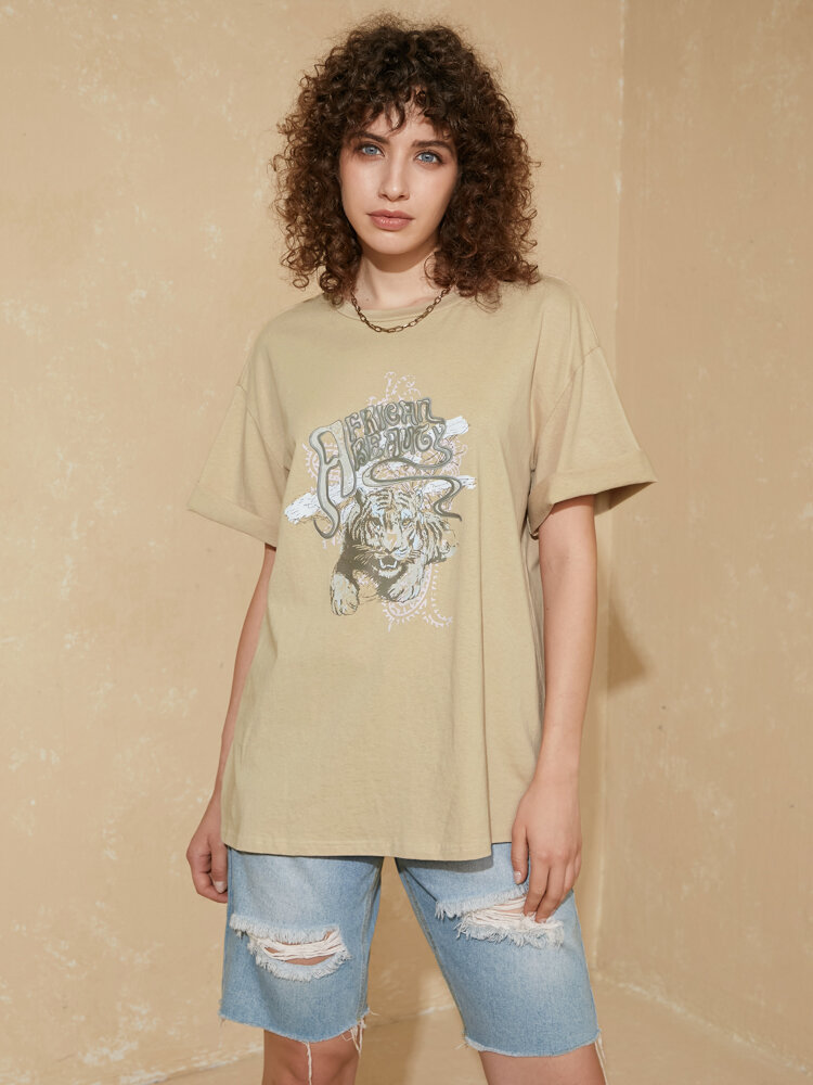 Tiger Graphic Short Sleeve Crew Neck Casual T-shirt