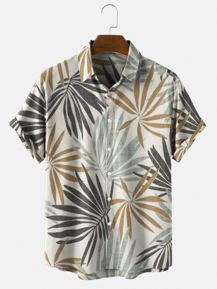 

Mens Tropical Leaf Print Button Up Short Sleeve Shirts, Apricot