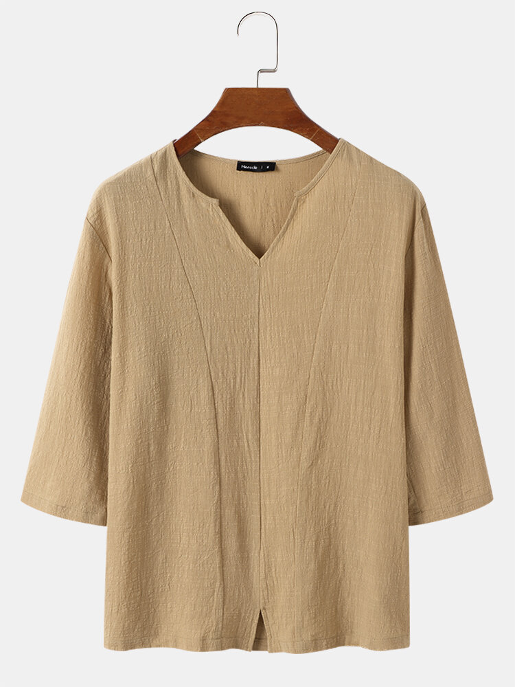 

Mens Solid Color Seam Detail V-Neck Basics 3/4 Sleeve T-Shirts, Khaki